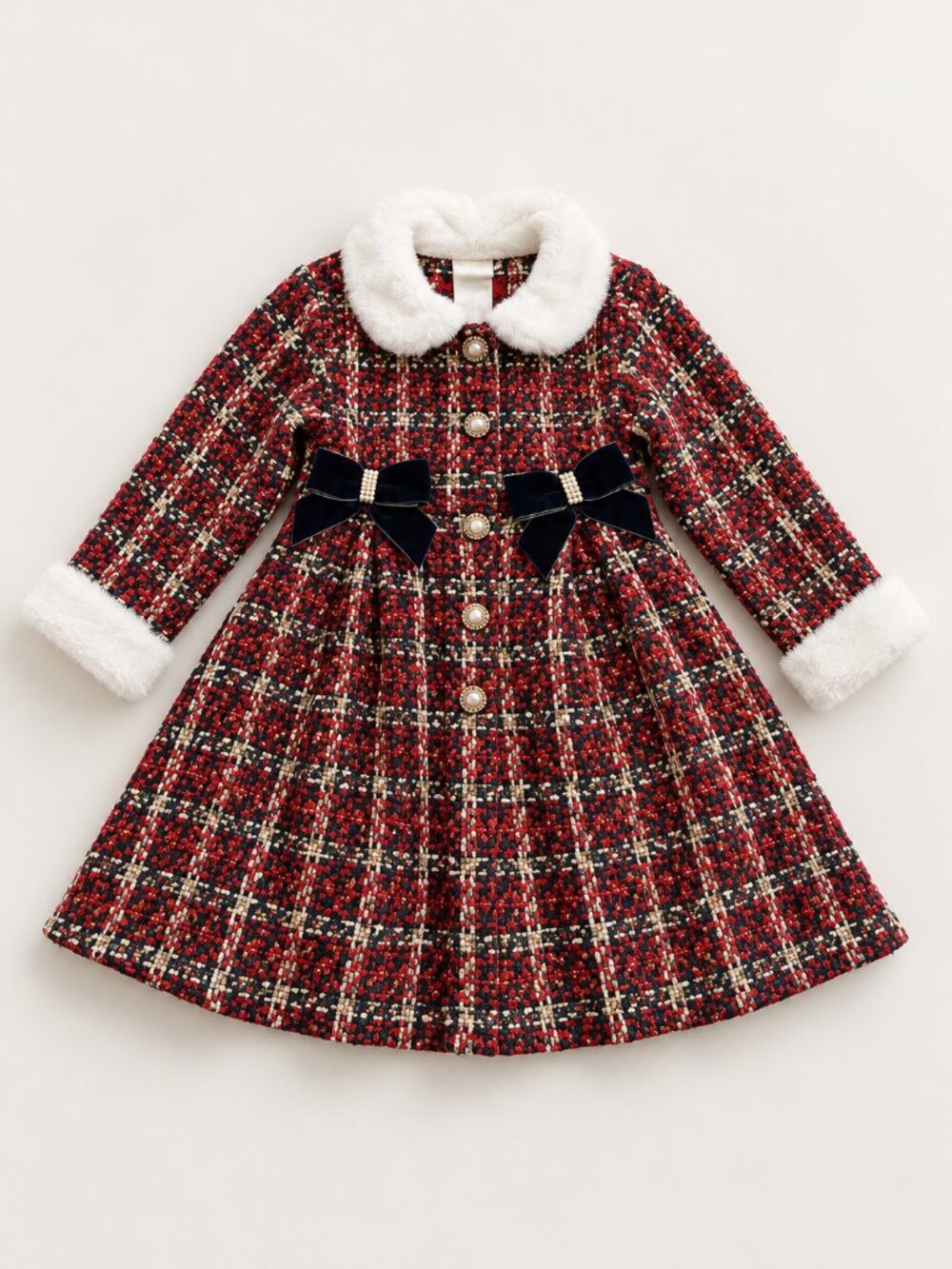Blueberi Gold Girls 5 Red Tweed Coat Velvet Bow Dress Faux Fur Holiday Preppy